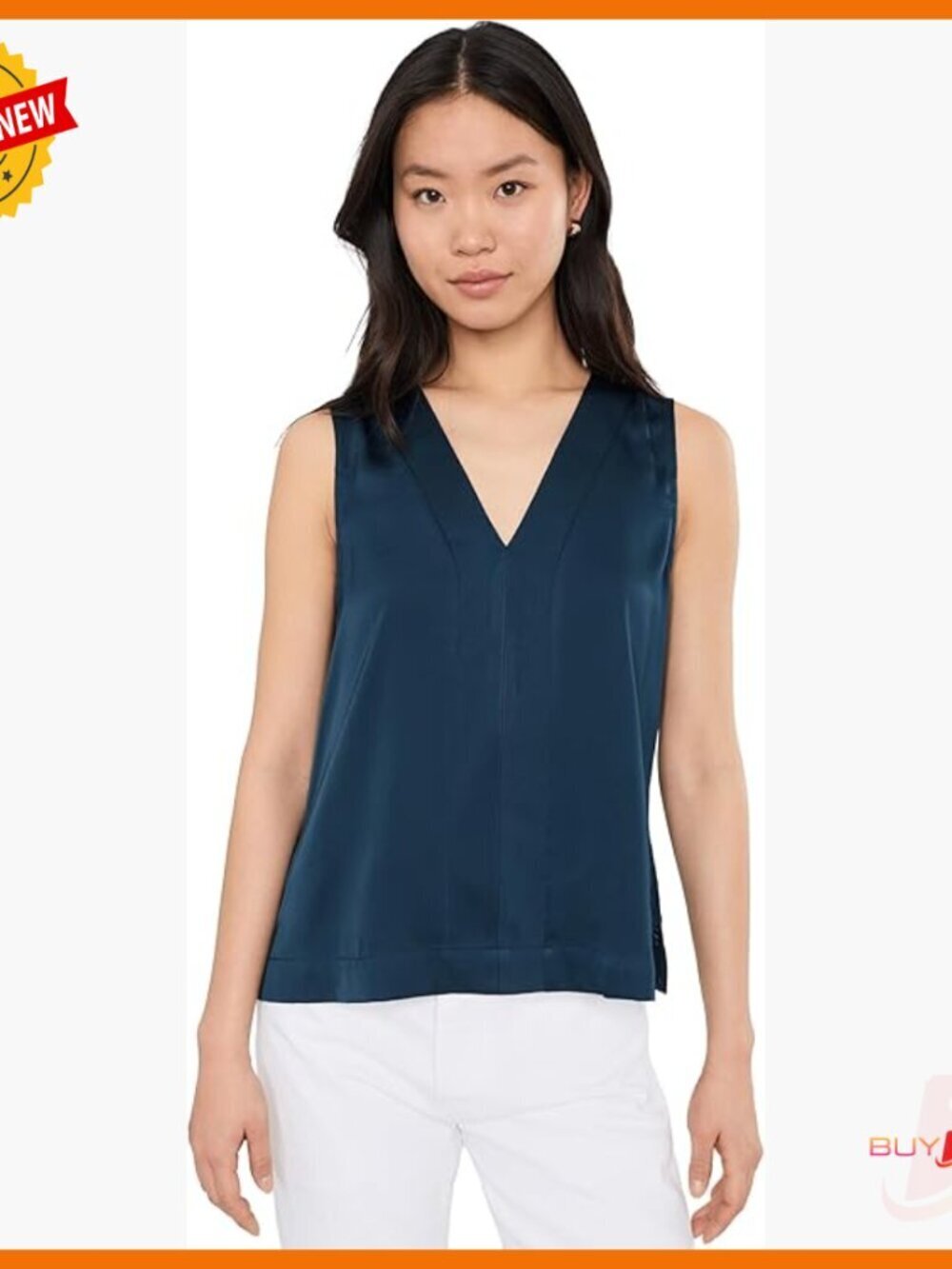 Sleeveless V-Neck Woven to Knit Top, Pull-On, Polyester, Standard Length